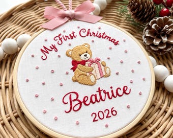 Personalized Baby’s First Christmas Hoop Ornament 2026, Teddy Bear Embroidered Keepsake with Name and Year, Cute My First Christmas
