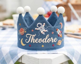Embroidered Outer Space Birthday Crown, Personalized Astronaut Party Hat, Keepsake Play Accessory