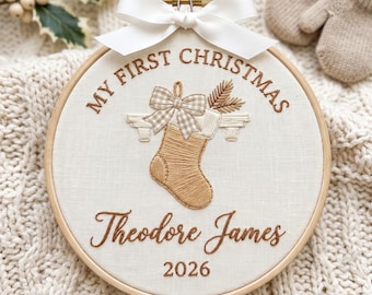 Baby's First Christmas Ornament, Personalized Stocking Embroidered Keepsake with Name and Year, Neutral Boho My First Christmas
