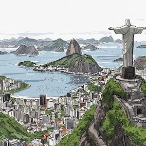 Pode incluir: Uma impressão artística do Rio de Janeiro, com a estátua do Cristo Redentor sobre a cidade e a Baía de Guanabara. A imagem inclui o Pão de Açúcar e o texto "RIO DE JANEIRO" na parte inferior.