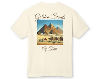 Camiseta unisex Golden Sands of Time, camiseta con gráfico vintage, camiseta de temática egipcia, ropa inspirada en viajes, regalo para aventureros.