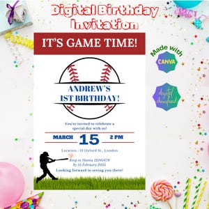 Convite de primeiro aniversário com tema de beisebol editável para impressão, cartão eletrônico digital, convite para festa esportiva infantil, download instantâneo, modelo Canva