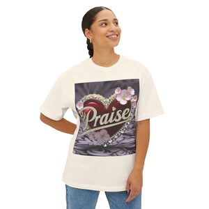 Our &quot;PRAISE&quot; Inspirational Bible Verse Christian Unisex Tee, Religious Oversized Shirt, Boxy Top, Spiritual Tshirt, Gift for Christians