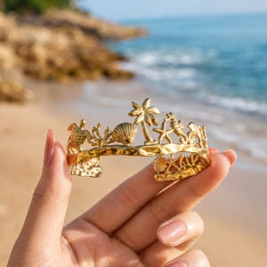 Bracciale rigido Ocean Cuff placcato oro 18 carati PVD, bracciale con tartaruga marina e conchiglia, gioielli da spiaggia per lei