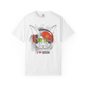 Rabbit with headphones white/citrus colour T-shirt, Fun Graphic Tee, Gift for Music Lovers, Unisex Apparel, Musician Shirt, Festival Outfit