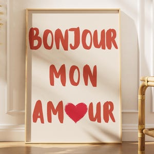 Bonjour Mon Amour poster Franse typografie print retro muurkunst trendy galerij wanddecoratie maximalistische afdrukbare kunstwerken romantisch citaat poster