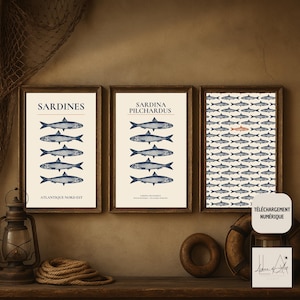 Póster vintage de sardinas – Arte retro de cocina – Decoración náutica de pared – Estilo costero – Póster imprimible digitalmente
