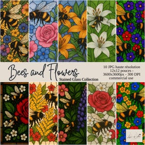 Papiers numériques vitrail abeilles et fleurs – lot de 10 motifs JPG – scrapbooking, journaux créatifs, POD