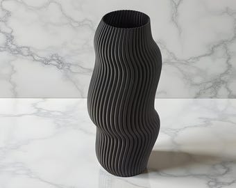 Sculptural Wavy Ribbed Ceramic Vase Modern Black Decorative Accent