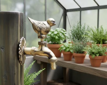Antique Brass Bird Faucet, Wall Mount Songbird Cold Water Spigot, Garden Tap Decor