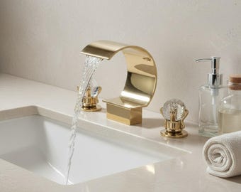 Gold Waterfall Faucet with Crystal Handles, 3-Hole Widespread Basin Mixer, Hollywood Regency Decor