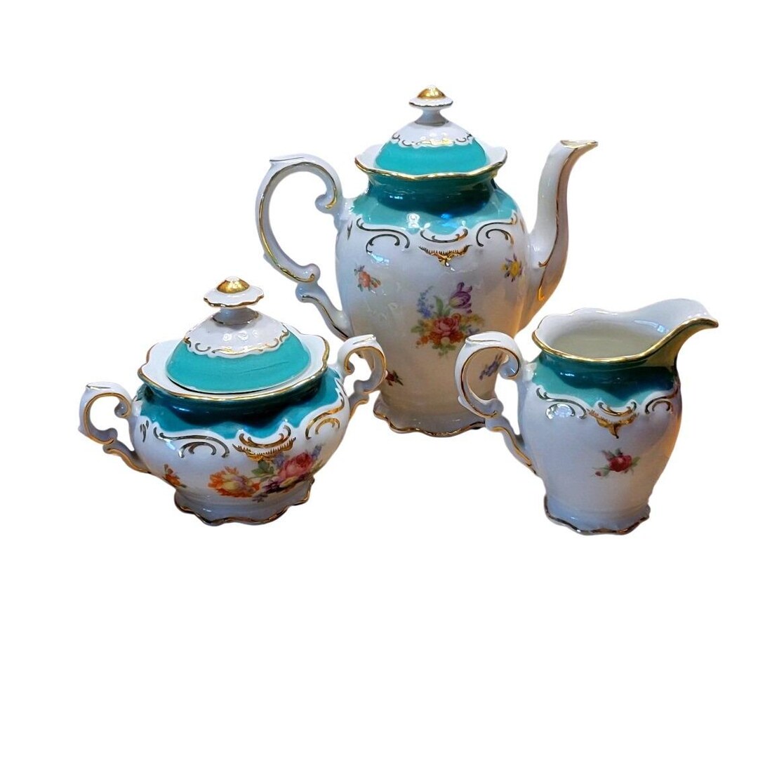 Schumann Bavaria Tea Set Creamer Sugar Pot Teal Gold Floral Germany ...