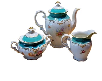 Schumann Bavaria - Juego de té, azucarero, crema, verde azulado, dorado, floral, Alemania, vintage
