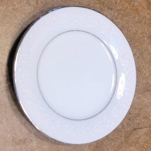 May include: A white porcelain plate with a silver rim and a delicate floral pattern around the edge. The plate has a smooth, glossy surface and a slightly raised center. This elegant plate is suitable for serving meals.