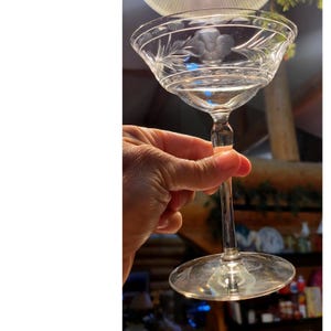 Pode incluir: Um copo de champanhe transparente e gravado com uma taça larga e uma haste longa. O copo apresenta desenhos florais e de folhas ao redor da borda e na taça. O copo é segurado por uma mão.