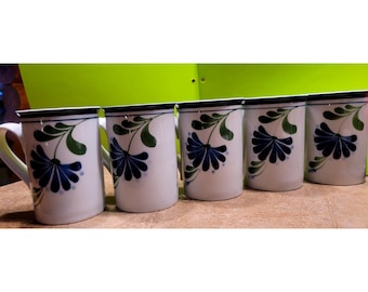 Set of 5 Dansk Sage Song Ceramic Mugs Blue Floral Design
