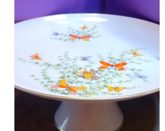 Shafford Ecstasy Butterfly Porcelain Cake Stand Gold Trim Pedestal Server 10in
