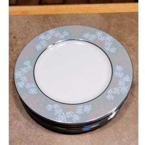 Può includere: Una pila di piatti in ceramica bianca con un bordo azzurro chiaro. Il bordo è decorato con un motivo floreale bianco e rosa. I piatti hanno un bordo argentato e sono impilati uno sull'altro.