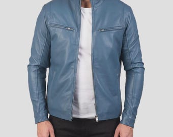 Chaqueta de motociclista de cuero azul para hombre, abrigo de moto de cuero auténtico, chaqueta de moto ajustada, prenda exterior informal hecha a mano, regalo para él.