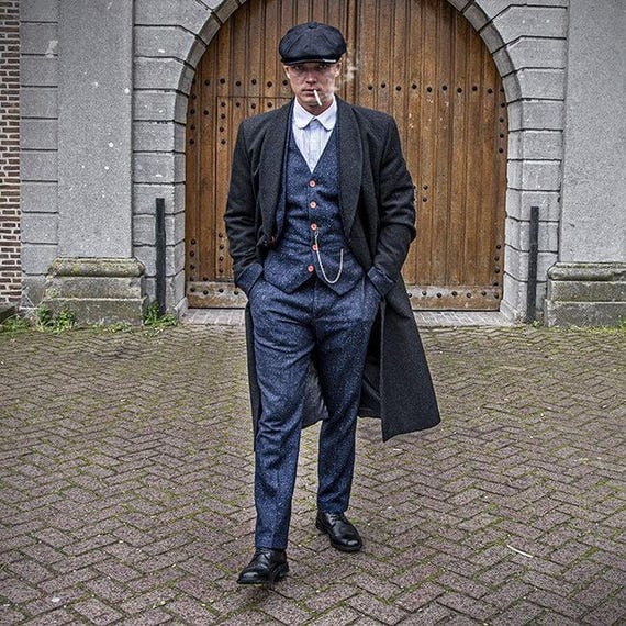 メンズネイビーツイードスーツ：3ピースヴィンテージピーキー