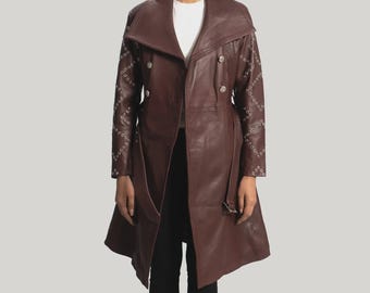 Cappotto lungo in pelle bordeaux Missoni di alta qualità, elegante giacca trench da donna ispirata alla moda dei designer.