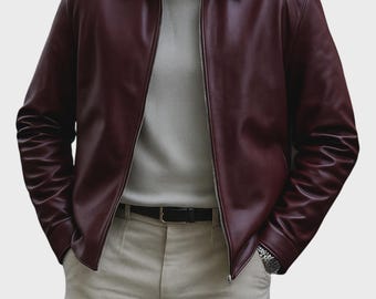 Luxury Burgundy Leather Harrington Jacket for Men  Timeless Limited Edition