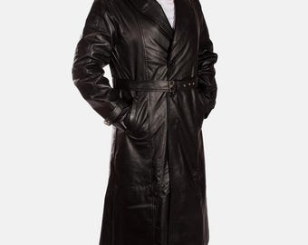 Men's Black Genuine Lambskin Leather Trench Coat, Classic Belted Long Leather Coat, Handmade Premium Winter Overcoat, Gift for Him