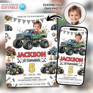 Puede incluir: Una invitación de cumpleaños con un camión monstruo azul y verde y la cara de un niño en el asiento del conductor. La invitación incluye el texto "Jackson cumple 5 años" y los detalles del evento.