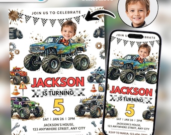 May include: A birthday party invitation featuring a blue and green monster truck with a child's face in the driver's seat. The invitation includes the text "Jackson is turning 5" and event details.