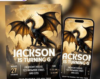 Editable Realistic Dragon Birthday Party Invitation Card, Editable Template, Gothic Birthday Invitation, Jurassic Birthday Mobile Evite