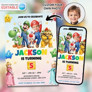 Custom Face Mario Birthday Invitation, Galaxy Mario Party Invite, Canva Template (Digital Download)