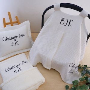 Ensemble de lit de bébé personnalisé, ensemble de literie pour chariot, ensemble de literie pour lit de bébé, couverture de bébé personnalisée, nom brodé, oreiller de bébé, cadeau de baby shower