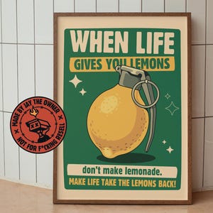 Lemon Grenade Poster – Funny Motivational Printable Wall Art – Bold Vintage Style for Kitchen, Studio, Bar or Gift ideas for creative people