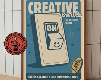 Creative Switch Poster – Printable Retro Wall Art for Office, Studio or Gift for Designers – Creative mode ON - Motivational retro Poster