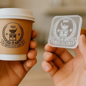 Op de afbeelding: Een bruine papieren koffiebeker met een wit deksel en een doorzichtige plastic onderzetter, beide met een koffiemolenlogo en de tekst "1954 COFFEE ELITE CLUB". De beker wordt in één hand gehouden en de onderzetter in de andere.