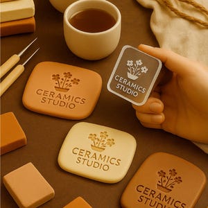 Peut inclure: Divers outils et accessoires de studio de céramique dans des tons bruns et beiges. L'image comprend des tampons carrés en argile avec un motif floral et le texte "CERAMICS STUDIO", de petites tasses et un carré transparent avec le même texte et motif.