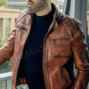 Men’s Brown Quilted Biker Leather Jacket | Handmade Slim Fit Motorcycle Cafe Racer Jacket | Real Leather Men’s Vintage Style Jacket