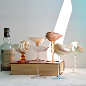 Peut inclure: Plusieurs verres décoratifs en forme de coquillage avec différents designs de pied. Les verres sont disposés sur un livre, à côté d'une bouteille de whisky The Balvenie Single Malt.