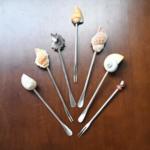 Puede incluir: Un conjunto de siete tenedores de cóctel con adornos de conchas marinas. Las conchas varían en color y forma, incluyendo blanco, marrón y beige. Los tenedores tienen largos y delgados tallos plateados, colocados sobre una superficie de madera marrón.