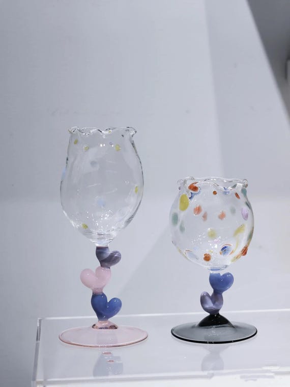 Hand-Blown Polka Dot Glass Cup with Heart Stem | Cute Art Glass Goblet | Unique Handmade Wine Glass | Collectible Creative Drinkware