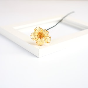 May include: A delicate, yellow flower with a dark stem rests on the corner of a white, square picture frame. The flower has multiple petals and a detailed center. The background is a clean, white surface.