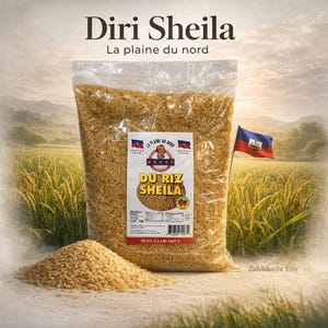 May include: A transparent bag of Diri Sheila rice, with a label featuring text and a portrait. A small pile of rice is in front of the bag. The background shows a field of wheat and a flag.