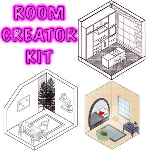 May include: Isometric illustrations of four rooms: a kitchen, a home office, and a bedroom. The text "ROOM CREATOR KIT" is in pink neon. Each room is furnished with furniture and decor, offering a design concept for interior spaces.