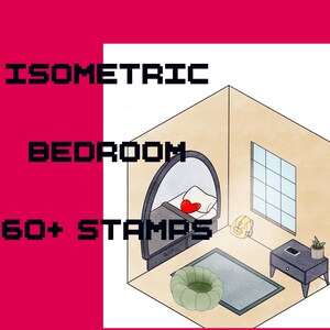 Pode incluir: Ilustração isométrica de um quarto com o texto "ISOMETRIC BEDROOM 60+ STAMPS". A imagem apresenta uma cama com uma almofada em forma de coração, uma janela, um tapete e uma mesa pequena com uma planta.