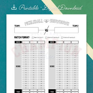 Tarjeta de puntuación de Pickleball imprimible en PDF: Registro de partidos y juegos para 2 de 3 a 11, primeros en 15 o 21, hoja de juego del torneo, descarga instantánea