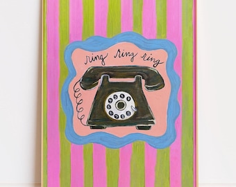 Telephone Art Print | Colorful Home Decor | Green and Pink Stripes | Feminine Home Decor | Home Office Accents | Girls Bedroom Decorations