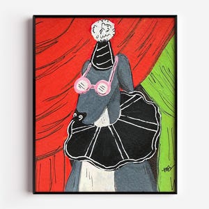 May include: A framed illustration of a dog wearing a party hat, pink glasses, and a black and white ruffled collar. The background features red and green curtains. The artwork has a whimsical and playful style.