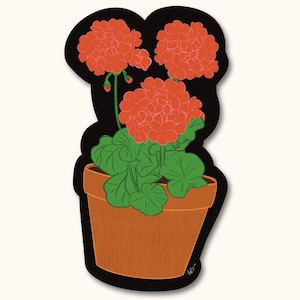 Op de afbeelding: Een sticker met een geranium in een pot. De illustratie toont helderrode bloemen, groene bladeren en een bruine terracotta pot tegen een zwarte omlijning. De achtergrond is wit, met de tekst "230 east" in de rechterbenedenhoek.