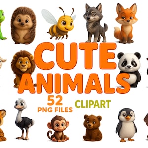 Niedliches Cartoon-Tier Clipart Bundle Baby Tier PNG Set für Kinderzimmer Wand Kunst Kinder Handwerk Aufkleber Digitaler Download druckbare Grafiken