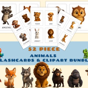 Flashcards de animais fofos para crianças - 52 cartões de aprendizagem de animais de desenho animado para impressão para crianças pequenas, atividades pré-escolares, educação domiciliar e uso em sala de aula